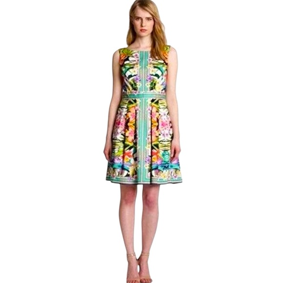MAGGY LONDON 97% Cotton Floral Multicolor Sleeveless Dress with Pockets Size 10 - Picture 1 of 13